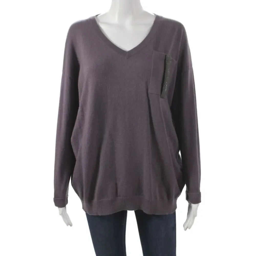 Brunello Cucinelli Womens Purple Cashmere V-Neck Pullover Size L